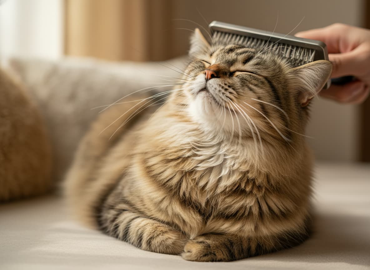 Chat détendu pendant son soin de toilettage